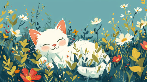 minimalistic less is more style of illustration of cute animal smile face in spring flower gardens i.jpg