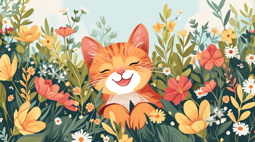 minimalistic less is more style of illustration of cute animal smile face in spring flower gardens i.jpg