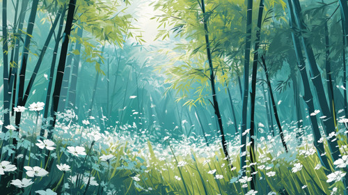 minimalistic less is more style of Impressionist bamboo forest with white flowers illustration backg.jpg