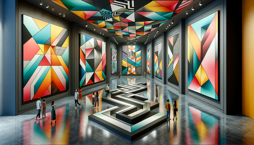 DALL·E 2024 01 07 12.26.57 A geometric and abstract art gallery interior. The walls are adorned with.png