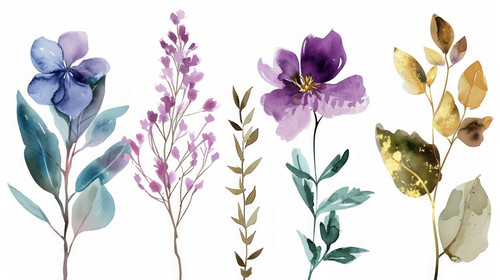 minimalistic less is more style of Watercolor floral bouquet illustration set violet purple blue gol.jpg