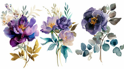 minimalistic less is more style of Watercolor floral bouquet illustration set violet purple blue gol.jpg
