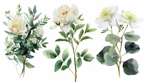 minimalistic less is more style of Watercolor floral bouquet illustration set white flower green lea.jpg