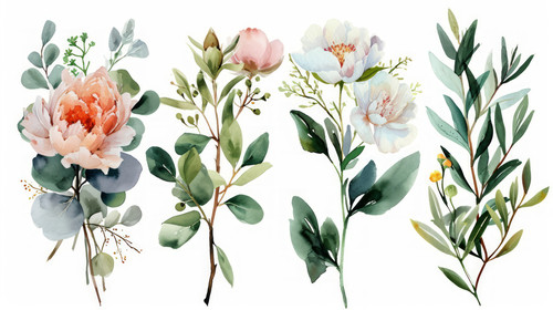 minimalistic less is more style of Watercolor floral illustration set bouquet border frame green lea.jpg