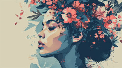 minimalistic less is more style of Pretty woman lady portrait with flowers in her face and head ar 1.jpg