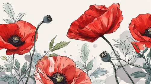minimalistic less is more style of seamless minimal Hand drawn poppy flowers and leaf vector in Spri.jpg
