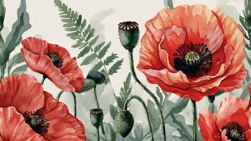 minimalistic less is more style of seamless minimal Hand drawn poppy flowers and leaf vector in Spri.jpg