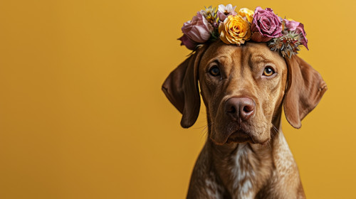 minimalistic less is more style of dog with a flower wreath on his head Hungarian Vizsla on a yellow.jpg