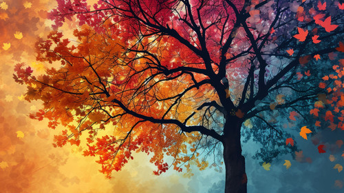 minimalistic less is more style of Elegant colorful tree with vibrant leaves hanging branches illust.jpg