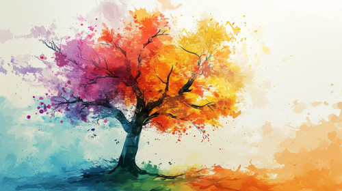 minimalistic less is more style of Elegant colorful tree with vibrant leaves hanging branches illust.jpg