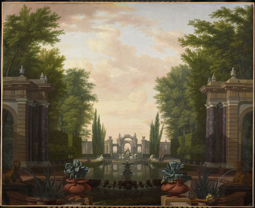 Moucheron, Isaac de Пруд с статуями и арками в парке, 1744, 130 cm x 160 cm, Холст, масло