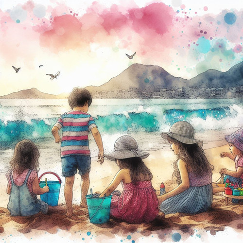 children at the beach water colour 071921