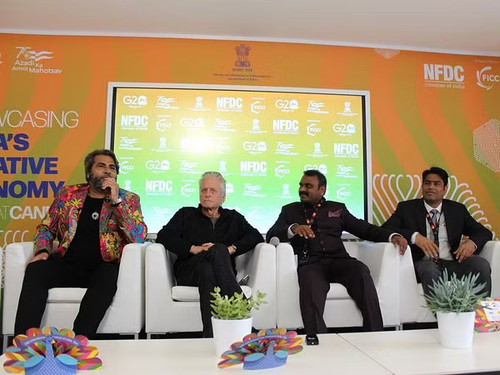 Michael Douglas and Shailendra Singh visit the Indian Pavilion at Cannes to meet Minister Dr. L. Mur.jpg