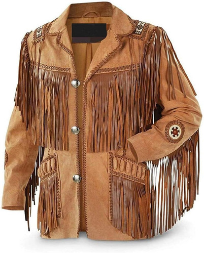 Women Traditional 100% Genuine Leather Suede Fringe Jacket Western Cowgirl Style Brown Native Americ.jpg
