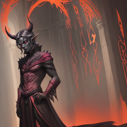 create an image of a tiefling warlock a magical being with infernal heritage standing tall in a di 6.png