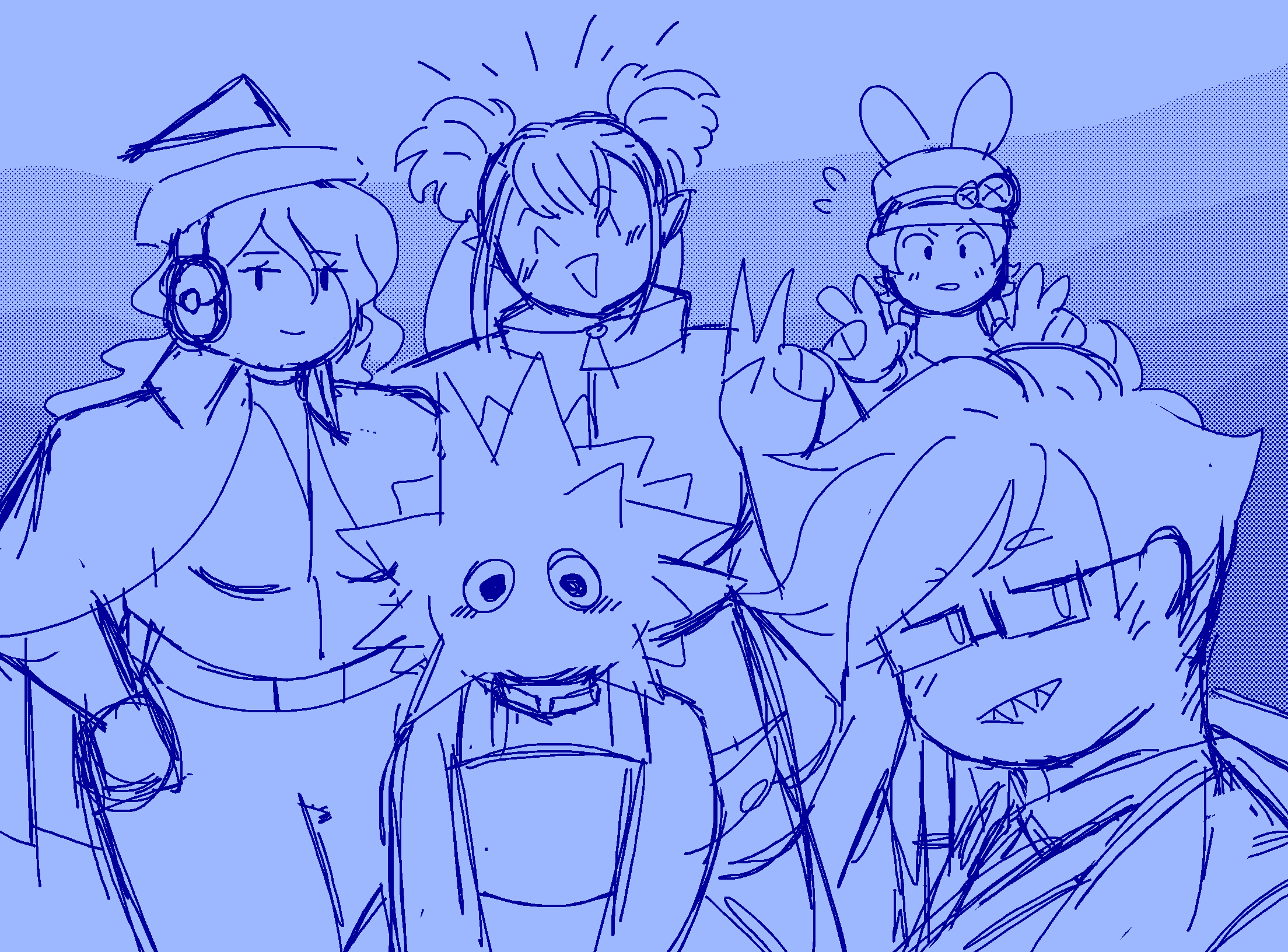 Blue halftone sketch of Nemesia, Koman, Candi, Bonnie, and Mash posing for a picture