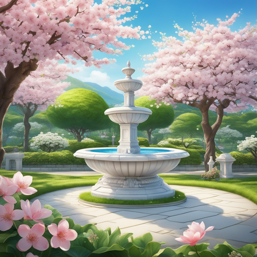 a large and beautiful garden with the grass green and trimmed there are cherry blossoms in the plac.png