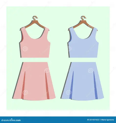 fashion clothes hanger pink blue t shirt skirt girls summer cartoon flat outfit vector illustration .webp