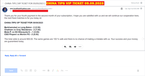 CHINA VIP TICKET FIXED MATCHES | 09.09.2023