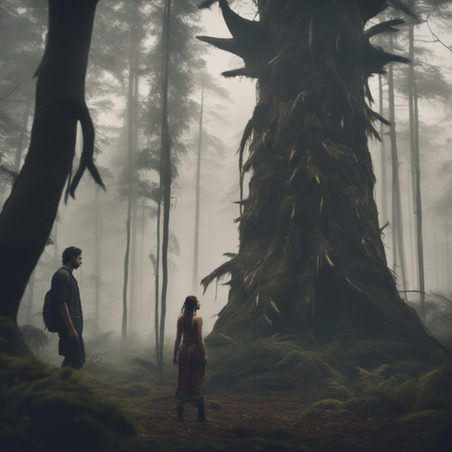 create a cinematic and moody scene with a thick forest as the background the scene features a shill.png