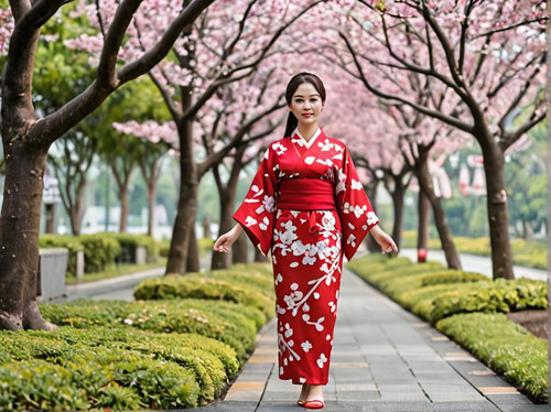 Seorang+wanita+berbaju+kimono+merah+berjalan+di+jalan+setapak+yang+tertutup+bunga+sakura+dan+dikelil.jpg