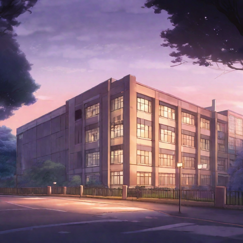 Modern animestyle background, muted colors of a dusk setting. A serene college campus building at ni