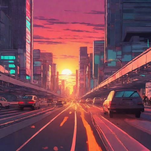 Modern animestyle background, vibrant colors of a sunset. Traffic flows on a busy highway, creating .png
