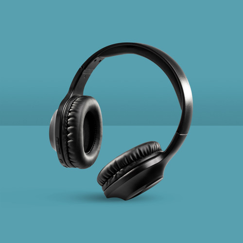 headphones balancing with blue background