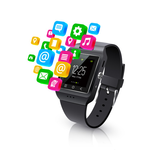 Black realistic smart watch tasks and applications colorful isometric symbols display outside device