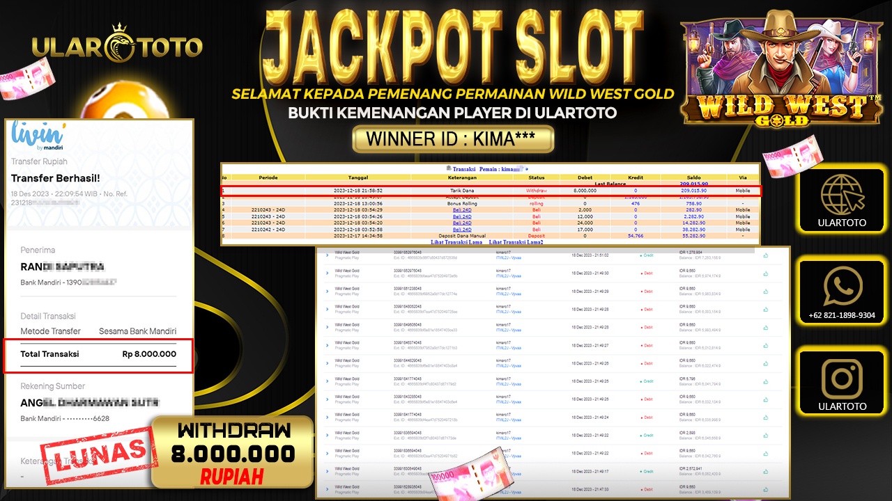 BUKTI PEMBAYARAN ULARTOTO HARI INI SLOT GAMES 19 DESEMBER 2023 Rp. 8.000.000, - LUNAS