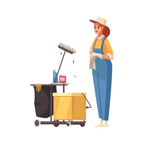 Happy woman cleaner with tools for cleaning and washing flat icon vector illustration