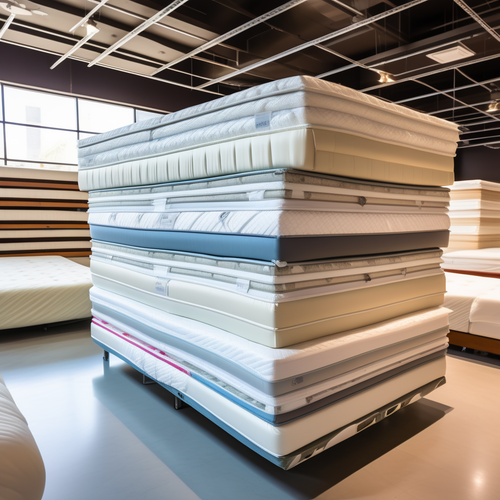 the stack of mattresses on bed in a mattress store lots of mattress there 525590476.png