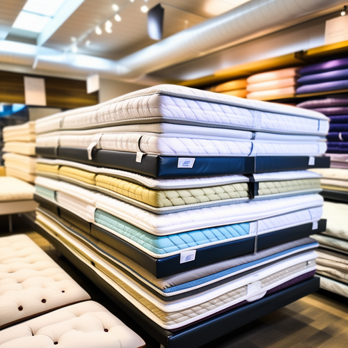 the stack of new mattresses on bed in a mattress store lots of mattresses there 463855759.png