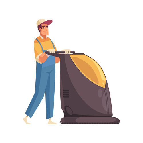 Male cleaner in uniform with floor mopping machine flat vector illustration.jpg