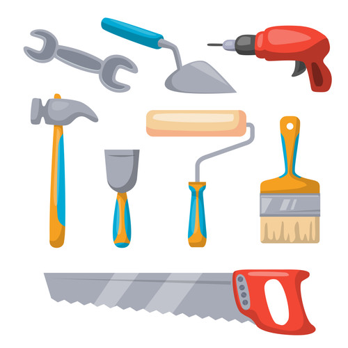 Construction tools or Repair tool set with saw, hammer, screwdriver and other in drawing style on wh