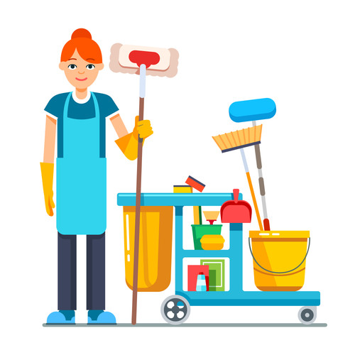 Professional cleaner woman with janitor cart full of supplies and equipment. Flat style vector illus.jpg