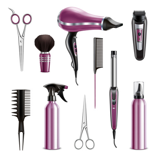 Hairdresser tools realistic set with hairdryer combs scissors trimmer sprayer  pump dispenser electr.jpg