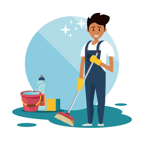 Cleaner smiling and working with cleaning product in home scenery vector illustration.jpg