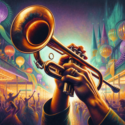 DALL·E 2023 12 21 18.19.59 Album cover for 'Oh When the Saints', featuring a hand playing a trumpet .png