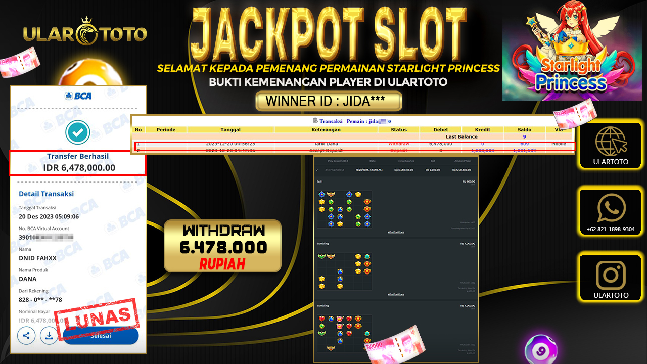 BUKTI PEMBAYARAN ULARTOTO HARI INI SLOT GAMES 20 DESEMBER 2023 Rp. 6.478.000, - LUNAS