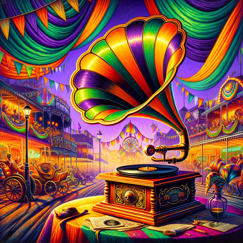DALL·E 2023 12 21 22.15.53 Album cover for 'Oh When the Saints', featuring a colorful gramophone on .png