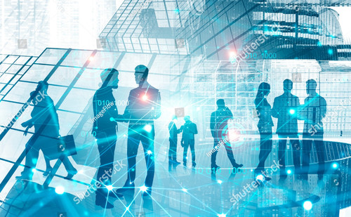 stock photo silhouettes of business people communicating over abstract city background with double e.jpg
