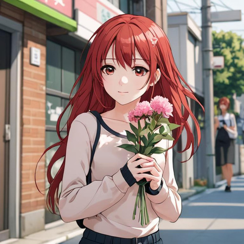 cute+anime+girl+in+modern+street,+holding+flower,+red+hair+style?model=deliberate&width=1024&height=.jpg