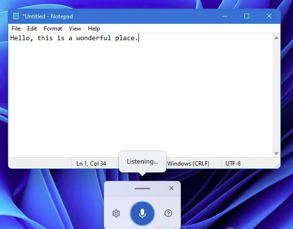 Windows dictation interface screenshot