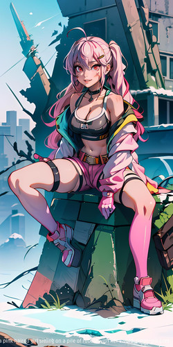 A 1440x2560 anime girl wallpaper featuring a pink haired girl sitting on a pile of rubble with her s