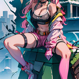 A 1440x2560 anime girl wallpaper featuring a pink haired girl sitting on a pile of rubble with her s