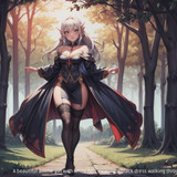 A beautiful anime girl with white hair wearing a black dress walking through the forest.