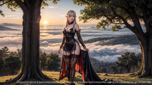 A beautiful girl in a black dress between two trees on a mountain with a beautiful view of the cloud
