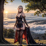 A beautiful girl in a black dress between two trees on a mountain with a beautiful view of the cloud