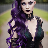 a beautiful woman with purple hair and a lace collar . 